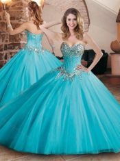 Pretty Visible Boning Tulle Beaded Quinceanera Dress in Aqua Blue