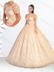 Princess Scoop Laced Champagne Quinceanera Dress with Handcrafted Flowers