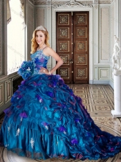 Spaghetti Straps Beaded and Applique Teal 15th Birthday Dresses with Brush Train