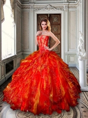Strapless Red and Gold Sweet 16 Dress with Appliques and Ruffles