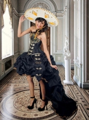 Two For One Taffeta Beaded and Applique Black 15th Birthday Dress with Brush Train