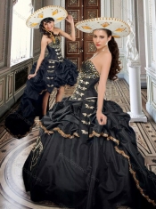 Two For One Taffeta Beaded and Applique Black 15th Birthday Dress with Brush Train