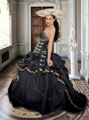 Two For One Taffeta Beaded and Applique Black 15th Birthday Dress with Brush Train
