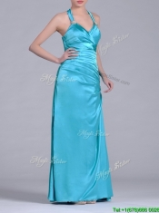 2016 Column Halter Top Elastic Woven Satin Aqua Blue Prom Dress with Ruching