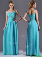 Beautiful Empire Aqua Blue Long Prom Dress with Beading and Ruching