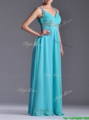 Beautiful Empire Aqua Blue Long Prom Dress with Beading and Ruching