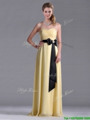 Beautiful Sweetheart Yellow Prom Dress with Ruching and Black Bowknot
