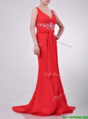 Beautiful V Neck Brush Train Chiffon Beaded Prom Dress in Coral Red
