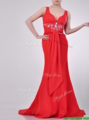 Beautiful V Neck Brush Train Chiffon Beaded Prom Dress in Coral Red