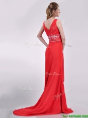 Beautiful V Neck Brush Train Chiffon Beaded Prom Dress in Coral Red