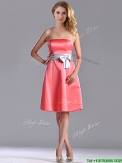 Best Selling Watermelon Knee Length Prom Dress with Silver Bowknot