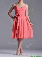 Best Spaghetti Straps Watermelon Dama Dress with Ruching and Bowknot