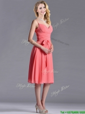 Best Spaghetti Straps Watermelon Dama Dress with Ruching and Bowknot