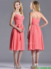 Best Spaghetti Straps Watermelon Dama Dress with Ruching and Bowknot