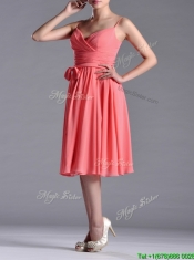 Best Spaghetti Straps Watermelon Dama Dress with Ruching and Bowknot
