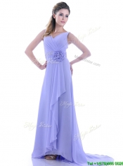 Brush Train Lavender Prom Dress with Beading and Hand Crafted Flower