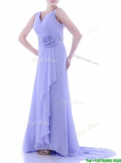 Brush Train Lavender Prom Dress with Beading and Hand Crafted Flower