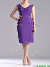 Cheap Column V Neck Knee-length Short Prom Dress in Purple
