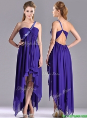 Cheap High Low One Shoulder Criss Cross Prom Dress with Beading