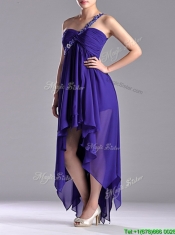 Cheap High Low One Shoulder Criss Cross Prom Dress with Beading