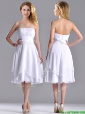 Cheap Strapless Chiffon White Prom Dress with Ruched Decorated Bust