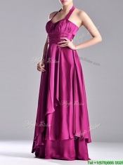 Classical Halter Top Fuchsia Long Prom Dress in Elastic Woven Satin
