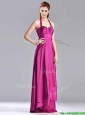 Classical Halter Top Fuchsia Long Prom Dress in Elastic Woven Satin