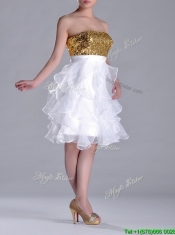 Classical Organza Sequined and Ruffled  Dama Dress in White and Gold