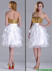 Classical Organza Sequined and Ruffled Dama Dress in White and Gold