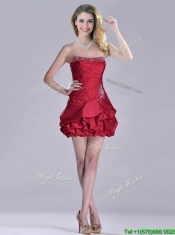 Classical Taffeta Wine Red Short Prom Dress with Beading and Bubbles