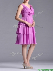 Classical V Neck Lilac Prom Dress with Handcrafted Flower and Ruching