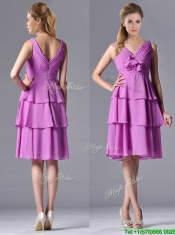 Classical V Neck Lilac Prom Dress with Handcrafted Flower and Ruching