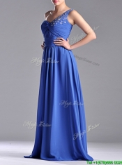 Column Chiffon Beading and Ruching Blue Prom Dress with One Shoulder