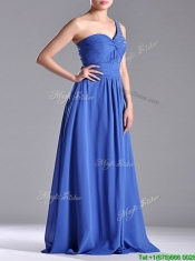 Column Chiffon Beading and Ruching Blue Prom Dress with One Shoulder