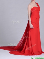 Column One Shoulder Watteau Train Coral Red Dama Dress with Side Zipper