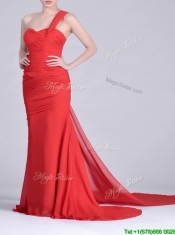 Column One Shoulder Watteau Train Coral Red Dama Dress with Side Zipper