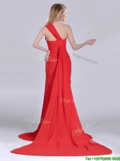 Column One Shoulder Watteau Train Coral Red Dama Dress with Side Zipper