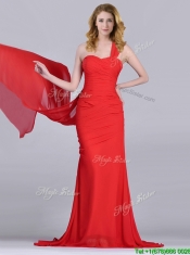 Column One Shoulder Watteau Train Coral Red Dama Dress with Side Zipper