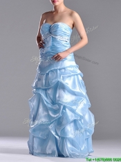 Column Sweetheart Long Light Blue Beaded Ruched Prom Dress in Organza
