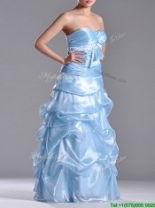 Column Sweetheart Long Light Blue Beaded Ruched Prom Dress in Organza