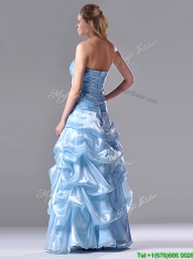 Column Sweetheart Long Light Blue Beaded Ruched Prom Dress in Organza