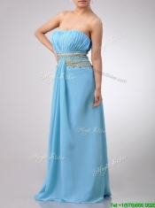 Discount Beaded Decorated Waist and Ruched Bodice Prom Dress in Aqua Blue