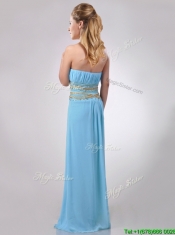 Discount Beaded Decorated Waist and Ruched Bodice Prom Dress in Aqua Blue