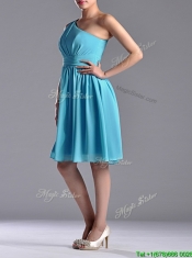 Discount Chiffon Baby Blue Knee Length Prom Dress with One Shoulder