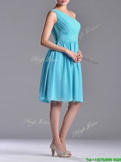Discount Chiffon Baby Blue Knee Length Prom Dress with One Shoulder