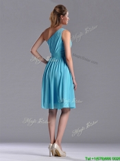 Discount Chiffon Baby Blue Knee Length Prom Dress with One Shoulder