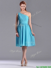 Discount Chiffon Baby Blue Knee Length Prom Dress with One Shoulder