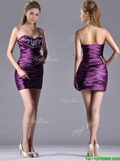 Discount Column Beaded Bust and Ruched Prom Dress in Dark Purple