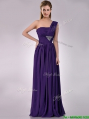 Discount Empire Beaded and Ruched Dark Purple Prom Dress with One Shoulder
