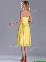 Discount Pleated Yellow Chiffon Prom Dress in Tea Length